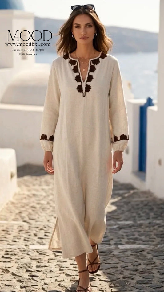 Robe longue brodée en lin - Beige