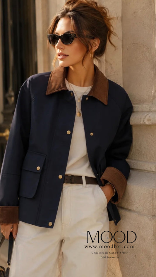 Veste femme bicolore bleu marine - col marron